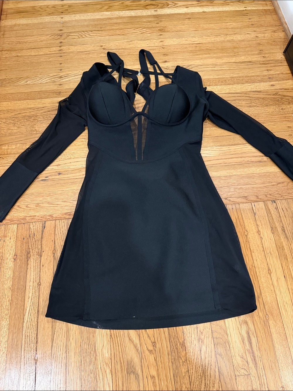 Fashion Nova Black Long Sleeve Strappy Bodycon Dress